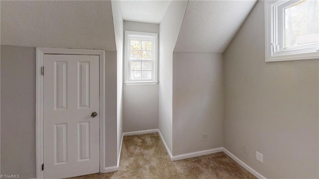 bonus room with lofted ceiling, light carpet, and a textured ceiling