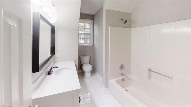 full bathroom with toilet, vanity, washtub / shower combination, and tile patterned flooring