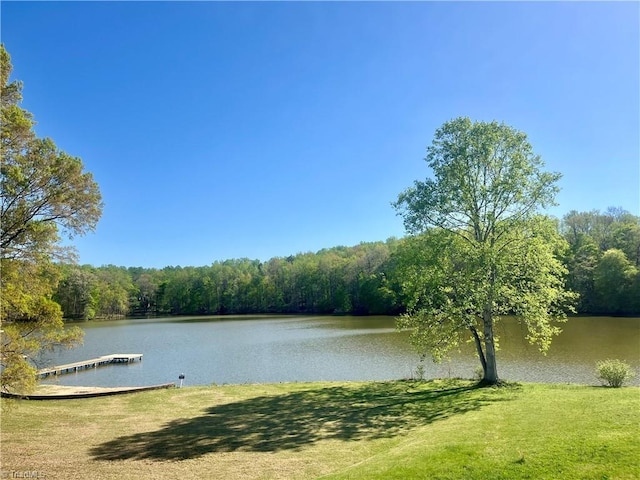 water view featuring a heavily wooded area and a dock