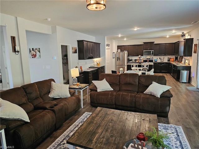 living room with wood-type flooring and sink