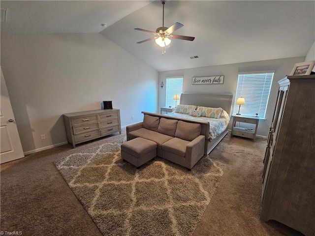 bedroom featuring ceiling fan, lofted ceiling, and dark carpet