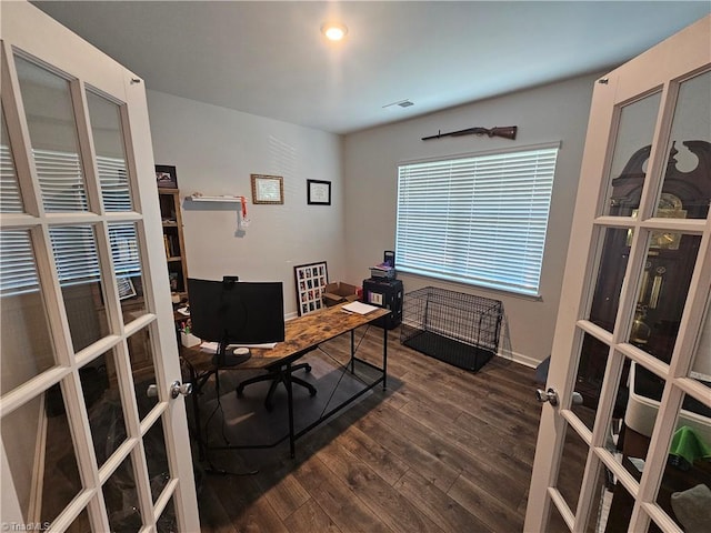 office featuring french doors and hardwood / wood-style flooring