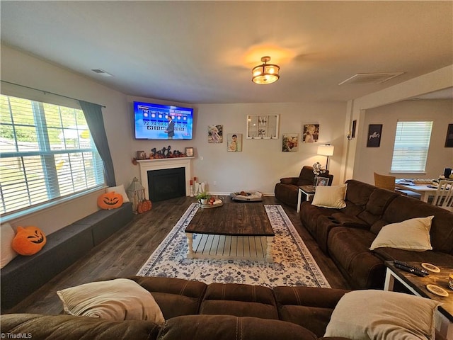 living room with dark hardwood / wood-style floors