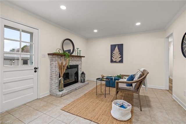 sitting room with recessed lighting, a brick fireplace, light tile patterned flooring, and crown molding