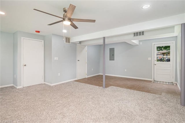 2102 Castlerock Rd, Greensboro, NC 27406 - unfurnished living room with carpet flooring, a ceiling fan, baseboards, recessed lighting, and electric panel