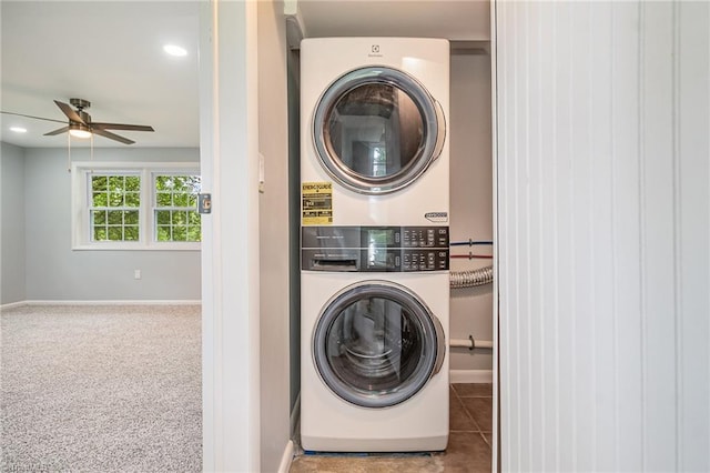 2102 Castlerock Rd, Greensboro, NC 27406 - washroom with stacked washer / drying machine, a ceiling fan, baseboards, and recessed lighting