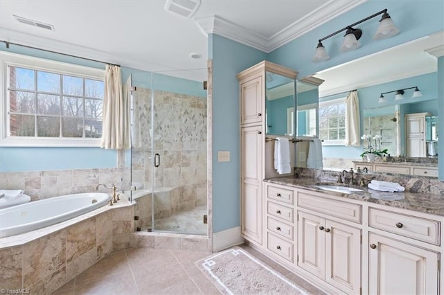 full bathroom with vanity, a stall shower, crown molding, a bath, and tile patterned floors