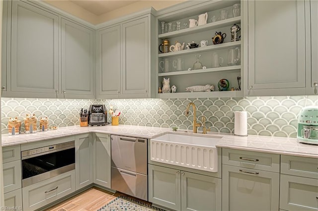 2632 Bartram Pl, Winston-Salem, NC 27106 - kitchen with open shelves, backsplash, stainless steel dishwasher, and light wood finished floors