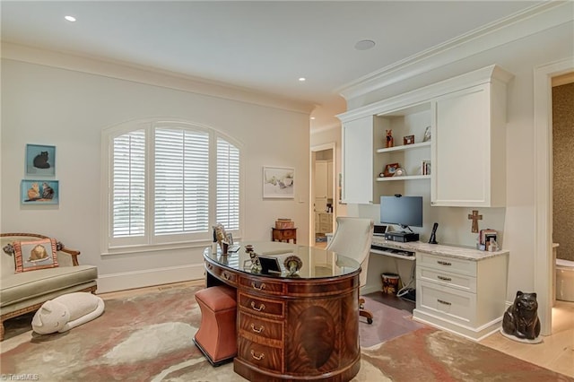2632 Bartram Pl, Winston-Salem, NC 27106 - home office featuring built in study area, crown molding, light wood-style floors, and recessed lighting
