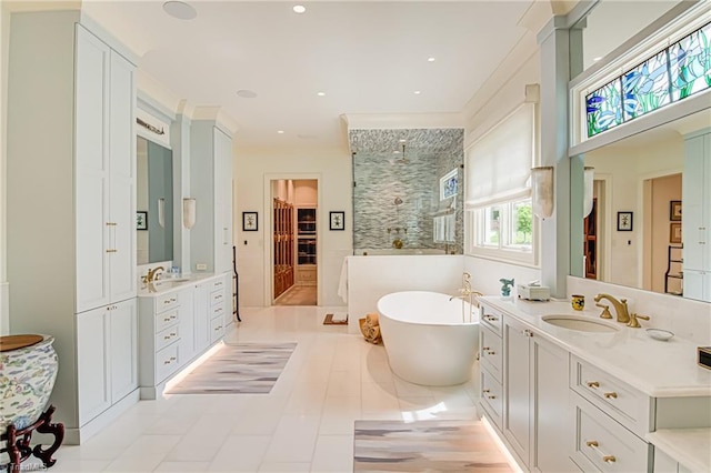 2632 Bartram Pl, Winston-Salem, NC 27106 - full bath with two vanities, a freestanding bath, walk in shower, tile patterned floors, and ornamental molding
