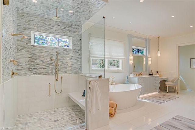 2632 Bartram Pl, Winston-Salem, NC 27106 - full bath with vanity, a stall shower, a soaking tub, and recessed lighting