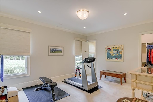 2632 Bartram Pl, Winston-Salem, NC 27106 - workout area featuring healthy amount of natural light, recessed lighting, crown molding, and carpet flooring