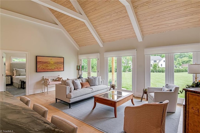 2632 Bartram Pl, Winston-Salem, NC 27106 - living room with a wood ceiling with exposed beams, light wood-type flooring, french doors, and high vaulted ceiling