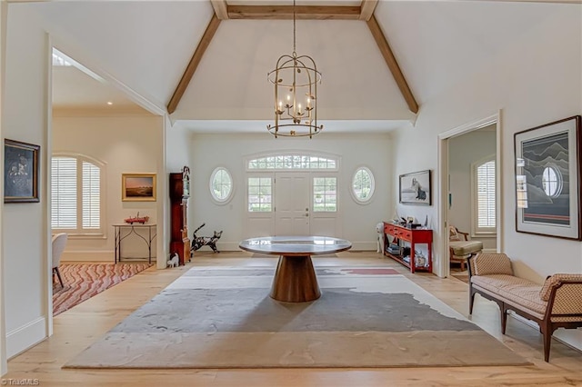 2632 Bartram Pl, Winston-Salem, NC 27106 - entryway featuring high vaulted ceiling, light wood-type flooring, a chandelier, and beam ceiling