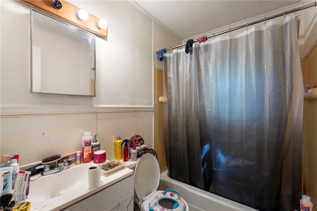 3410 Lambeth St, Winston-Salem, NC 27107 - full bathroom with vanity, a textured ceiling, and shower / bath combination with curtain