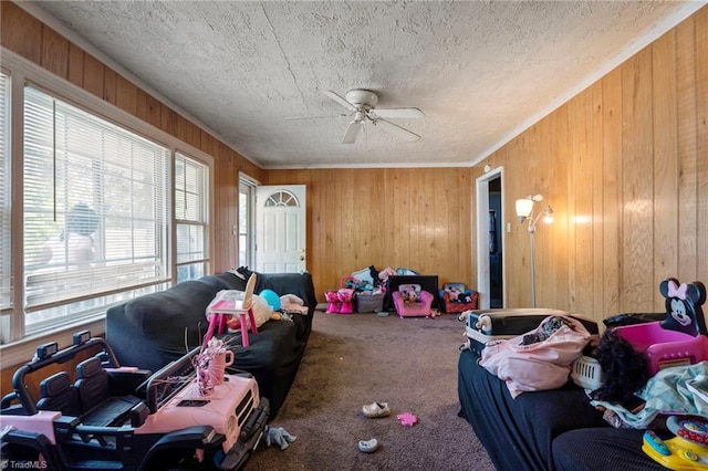 3410 Lambeth St, Winston-Salem, NC 27107 - carpeted living room with wood walls, ceiling fan, and a textured ceiling