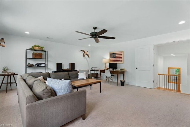 6369 Gumwood Rd, Oak Ridge, NC 27310 - living area featuring light colored carpet, recessed lighting, and a ceiling fan