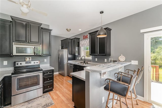 kitchen featuring a breakfast bar, light wood-type flooring, dark cabinetry, a sink, and stainless steel appliances
