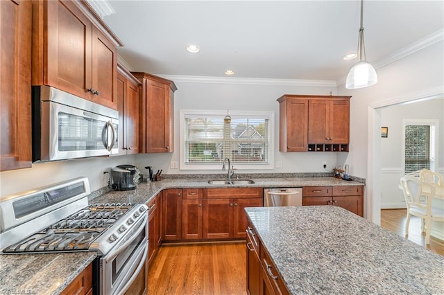 kitchen with a wealth of natural light, stainless steel appliances, light hardwood / wood-style floors, and sink