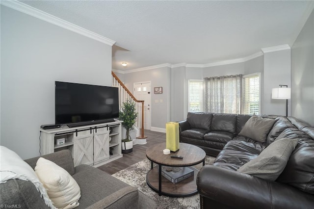 living room featuring crown molding and hardwood / wood-style flooring