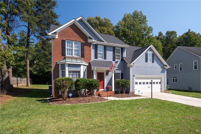 view of front of property with a front yard and a garage