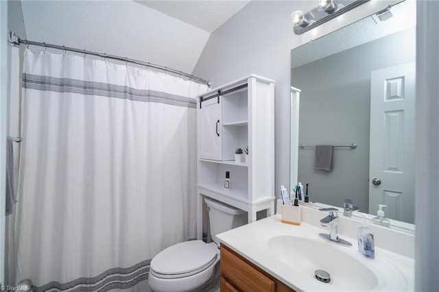 bathroom featuring vanity, toilet, a textured ceiling, vaulted ceiling, and a shower with shower curtain