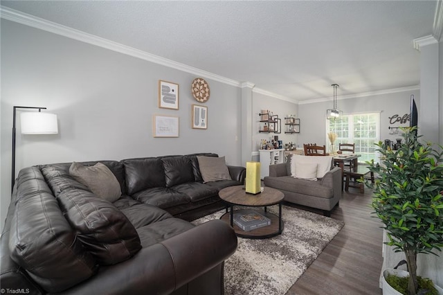 living room with dark hardwood / wood-style floors and crown molding