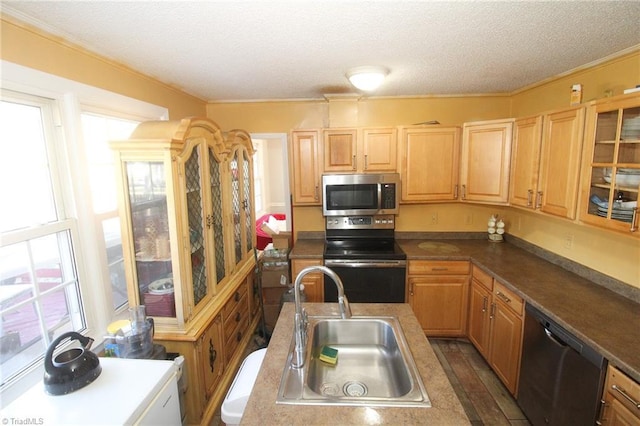 kitchen with a textured ceiling, sink, stainless steel appliances, and plenty of natural light