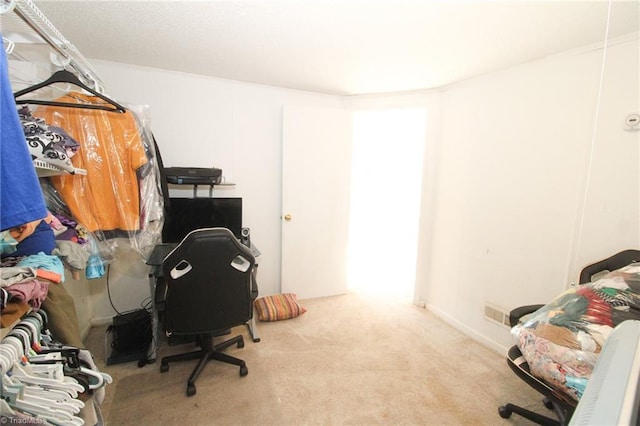 office area featuring light colored carpet