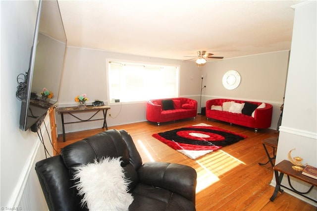 living room with ceiling fan and wood-type flooring