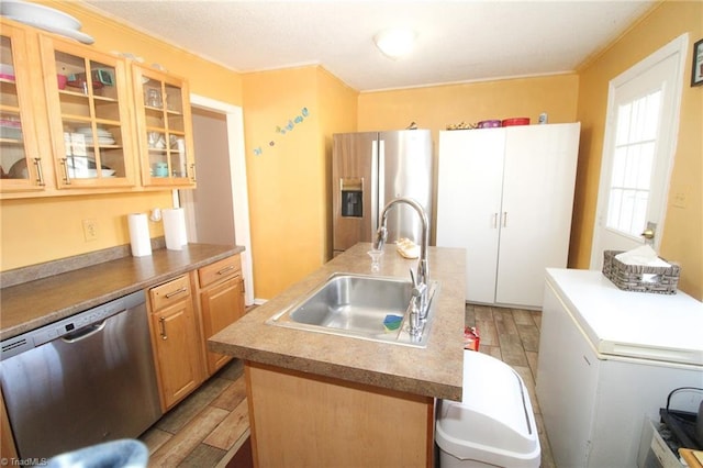 kitchen featuring a center island with sink, sink, appliances with stainless steel finishes, and light hardwood / wood-style flooring