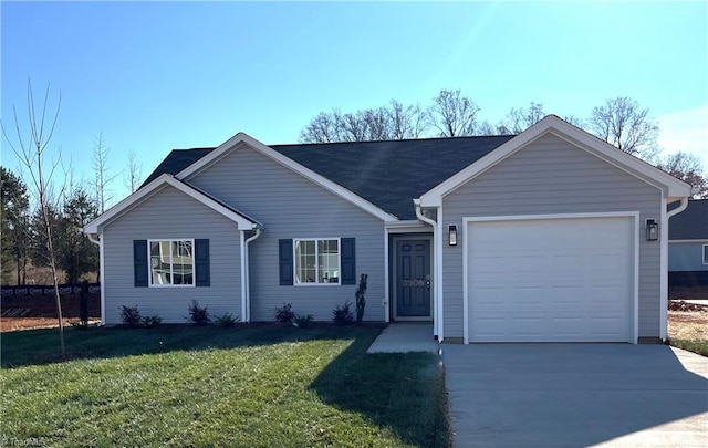 ranch-style house featuring a garage and a front lawn