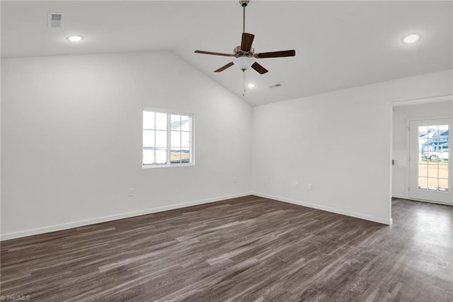 unfurnished room featuring ceiling fan, high vaulted ceiling, and dark hardwood / wood-style floors