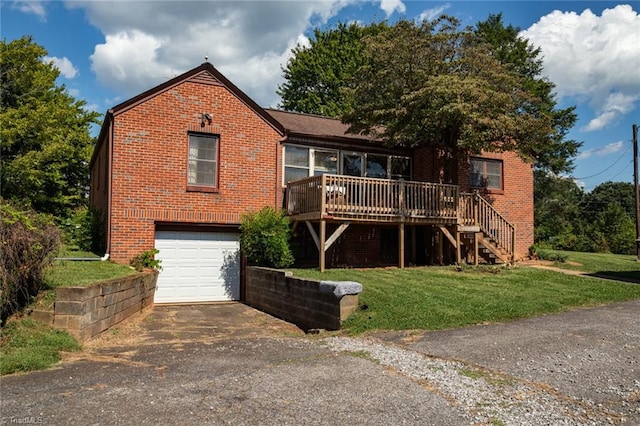 view of front facade with a wooden deck, a garage, and a front lawn