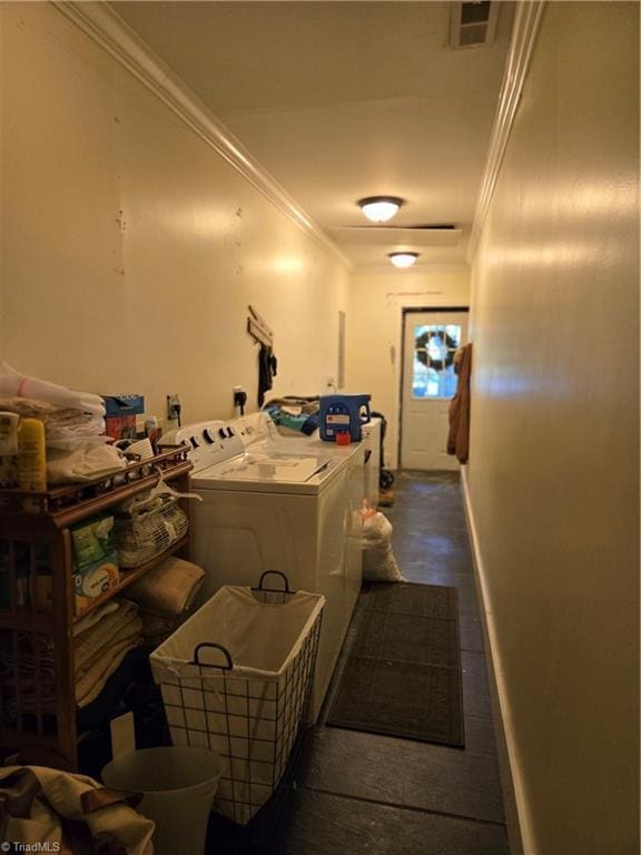 866 Trinity Church Rd, Tobaccoville, NC 27050 - laundry room featuring washer and dryer, ornamental molding, and baseboards