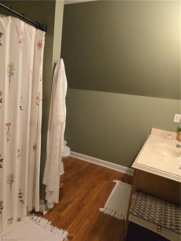 866 Trinity Church Rd, Tobaccoville, NC 27050 - bathroom featuring vanity, wood finished floors, toilet, baseboards, and a shower with shower curtain