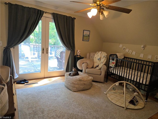 866 Trinity Church Rd, Tobaccoville, NC 27050 - bedroom featuring french doors, access to exterior, lofted ceiling, crown molding, and a ceiling fan