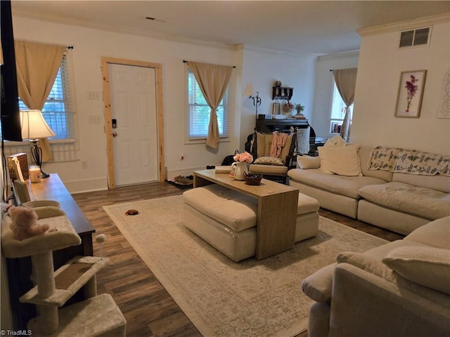 866 Trinity Church Rd, Tobaccoville, NC 27050 - living room with crown molding, healthy amount of natural light, dark wood finished floors, and baseboards