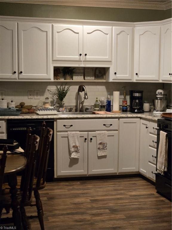 866 Trinity Church Rd, Tobaccoville, NC 27050 - kitchen with crown molding, white cabinetry, backsplash, stove, and dark wood finished floors