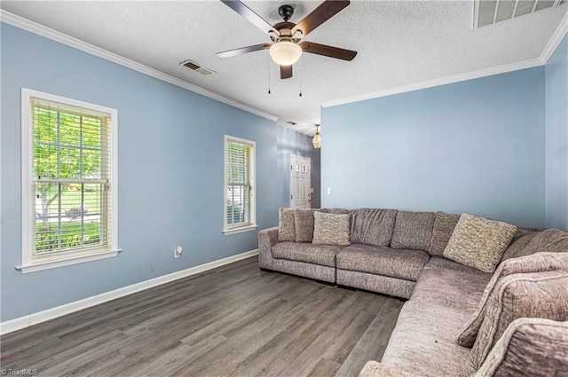 1515 Klompen Rd, Kernersville, NC 27284 - living area featuring crown molding, ceiling fan, wood finished floors, a textured ceiling, and baseboards