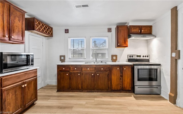 kitchen with appliances with stainless steel finishes, light wood-type flooring, and sink