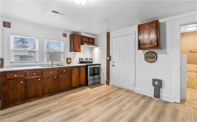 kitchen featuring sink, light hardwood / wood-style flooring, dark brown cabinetry, and electric stove