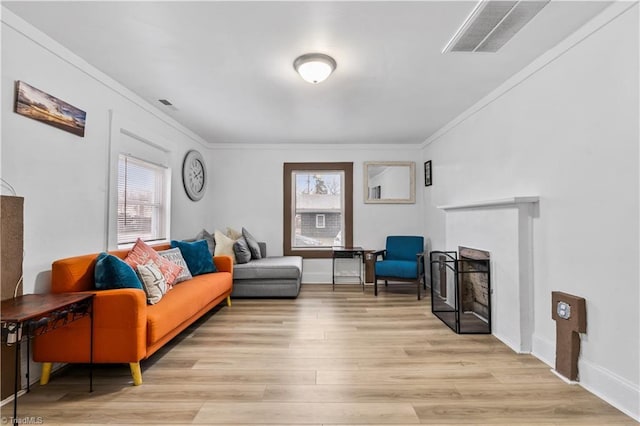 living room featuring light wood-type flooring and crown molding