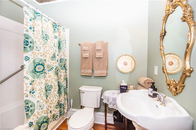 bathroom featuring toilet, wood-type flooring, and sink