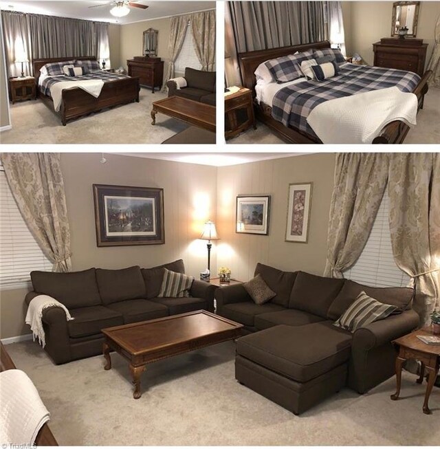 living room featuring ceiling fan and light colored carpet