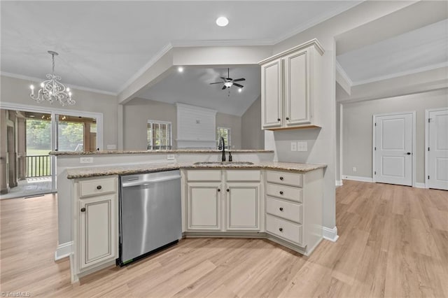 kitchen with dishwasher, a sink, light wood-type flooring, a chandelier, and decorative light fixtures