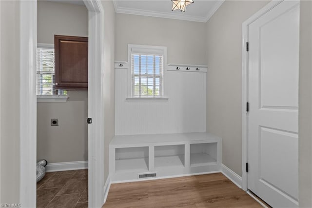 mudroom featuring ornamental molding, healthy amount of natural light, and baseboards