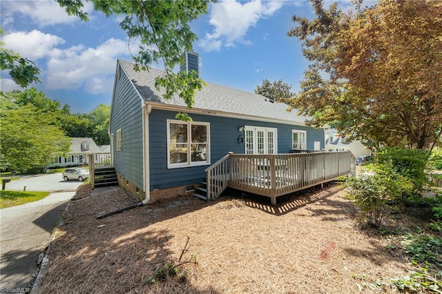 944 Chatfield Dr, Jamestown, NC 27282 - rear view of property featuring a deck, a chimney, a shingled roof, french doors, and crawl space