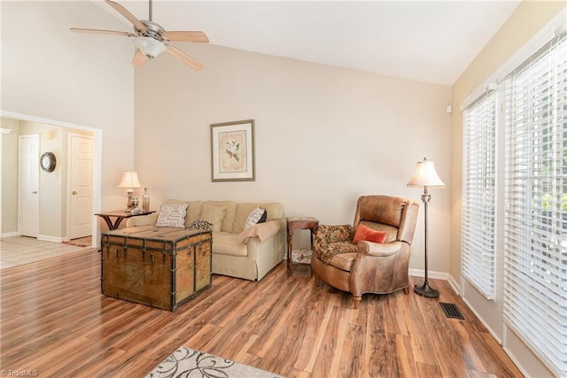 944 Chatfield Dr, Jamestown, NC 27282 - living area featuring ceiling fan, light wood finished floors, and high vaulted ceiling
