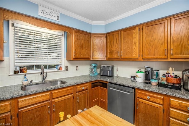 4104 Moss Brook Dr, Winston-Salem, NC 27127 - kitchen featuring decorative backsplash, dishwasher, ornamental molding, brown cabinets, and a sink
